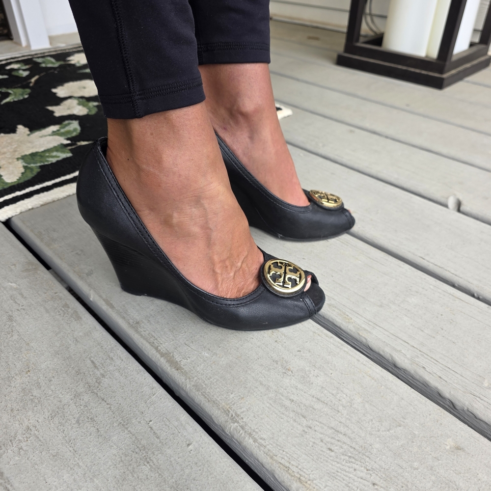 Tory Burch Black Leather Peep-Toe Wedges with Gold Logo